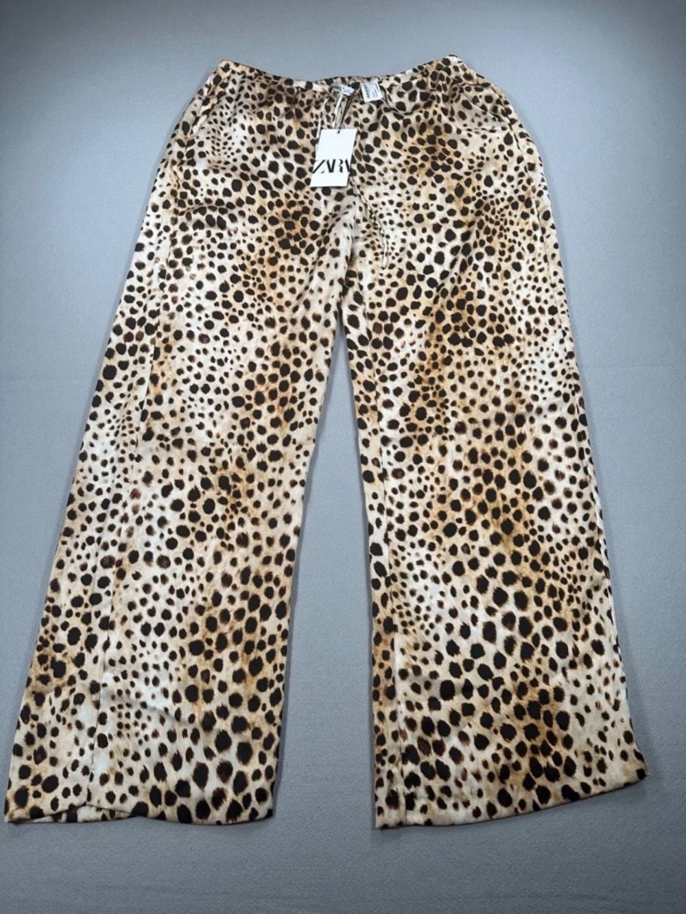 ZARA Women Leopard Print Wide Leg Pants L Elastic Waist Flowy Palazzo NWT